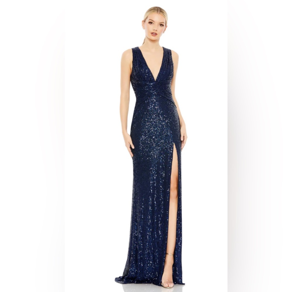 leena for Mac Duggal Dress V-Neck  Sequin Wrap Waist Gown| Midnight Blue| Size 6